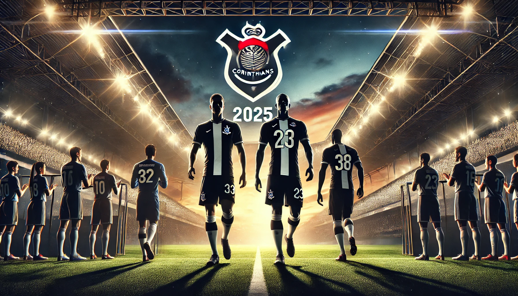 "Silhuetas dos novos reforços do Corinthians no campo iluminado do Timão, simbolizando esperança e ambição para a temporada de 2025."