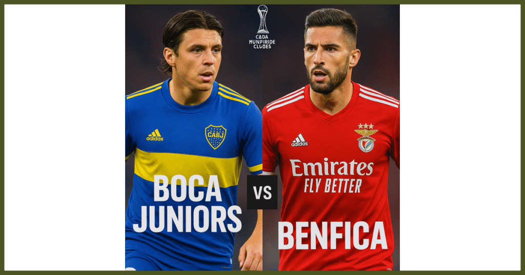 "Arte oficial de Boca Juniors x Benfica pelo Mundial de Clubes 2025, com jogadores e escudos em destaque."