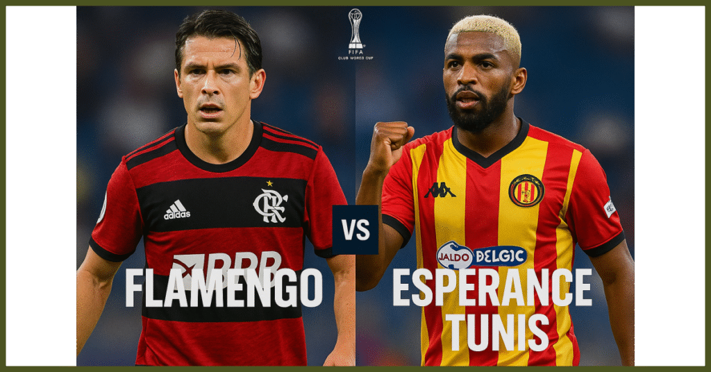 "Imagem oficial de Flamengo x Espérance Tunis no Mundial de Clubes 2025, com jogadores em ação e fundo de estádio."