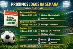 Quais são os próximos jogos da semana? Agenda completa (26/01 a 01/02/2026) com datas, horários e locais