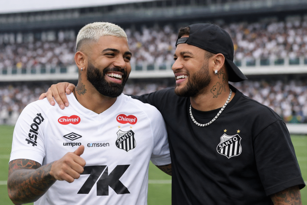 Gabigol e Neymar juntos na Vila Belmiro, com camisa do Santos, durante apresentação do atacante em 2026.