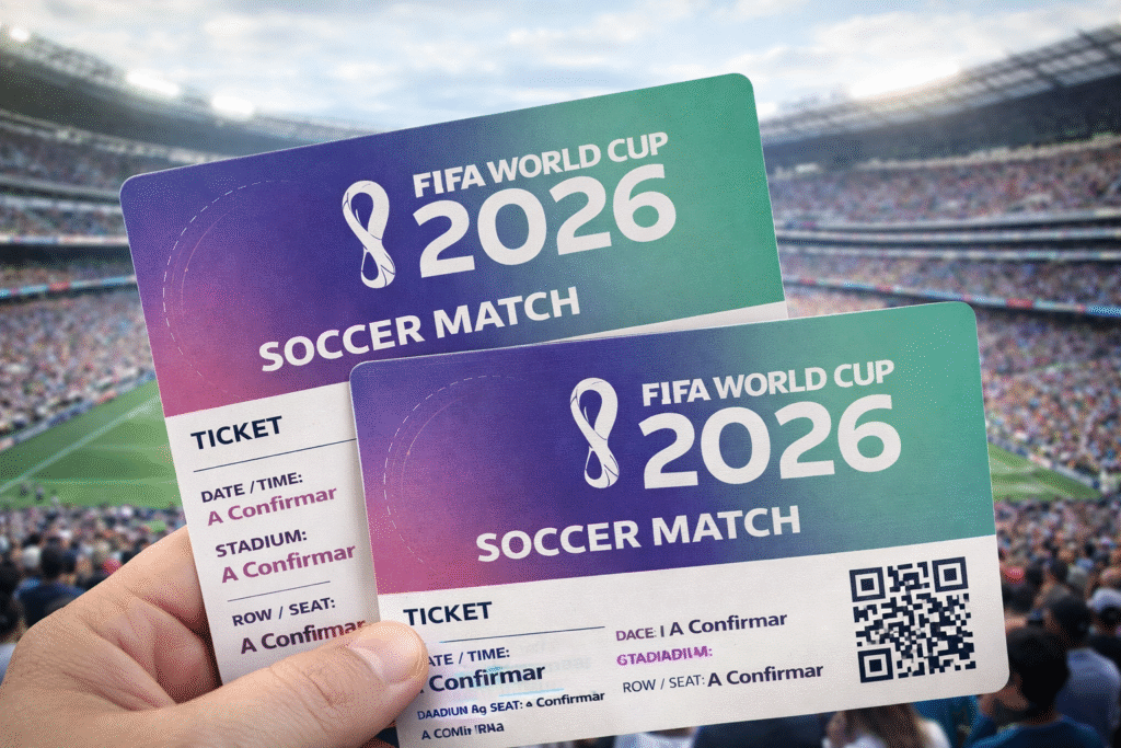 Imagem ilustrativa para representar a alta procura por ingressos da Copa do Mundo 2026: uma mão segura dois bilhetes em primeiro plano, com estádio lotado ao fundo, reforçando a corrida por assentos e as fases oficiais de venda.