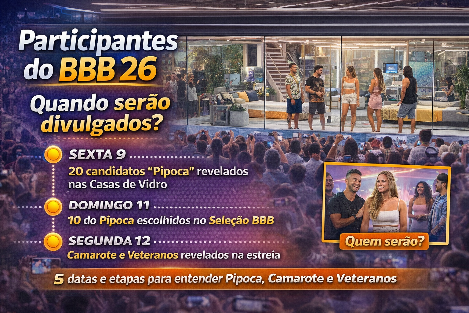 Participantes do BBB 26: quando serão divulgados? 5 datas e etapas para entender Pipoca, Camarote e Veteranos