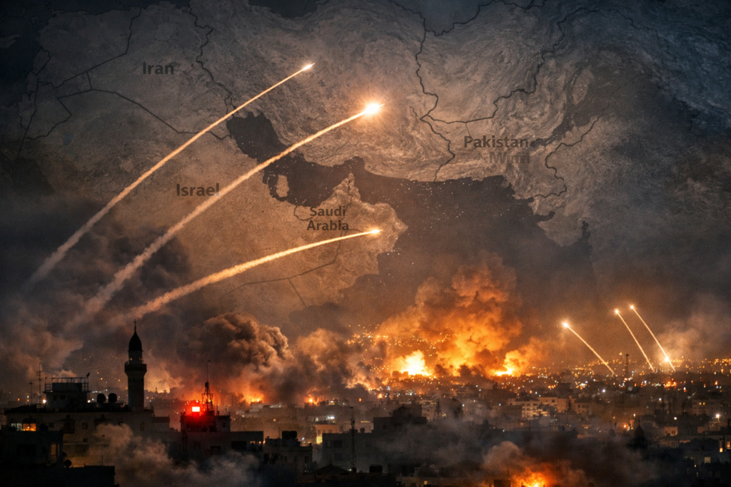 Sala de crise com mapas do Irã, Israel e Golfo exibidos em telas durante escalada militar e negociações de cessar-fogo.