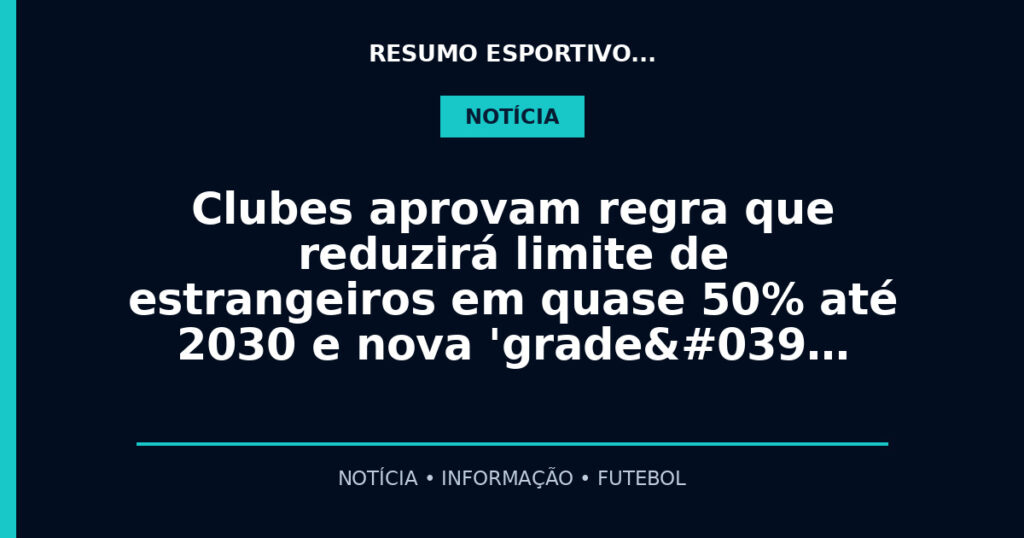 Clubes aprovam regra que reduzirá limite de estrangeiros em quase 50% até 2030 e nova 'grade'…