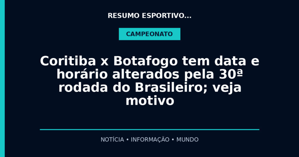 Coritiba x Botafogo tem data e horário alterados pela 30ª rodada do Brasileiro; veja motivo