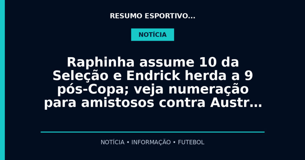 Raphinha assume 10 da Seleção e Endrick herda a 9 pós-Copa; veja numeração para amistosos contra Austr…