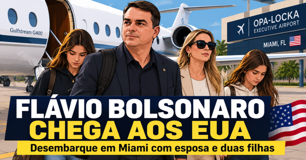 Veja momento em que Flávio Bolsonaro desembarca com a família nos EUA
