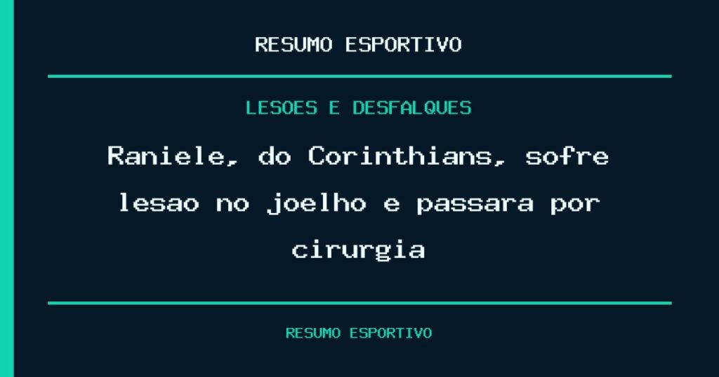 Raniele, do Corinthians, sofre lesão no joelho e passará por cirurgia