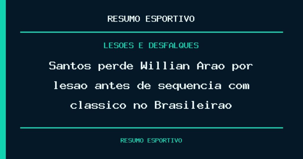 Santos perde Willian Arão por lesão antes de sequência com clássico no Brasileirão