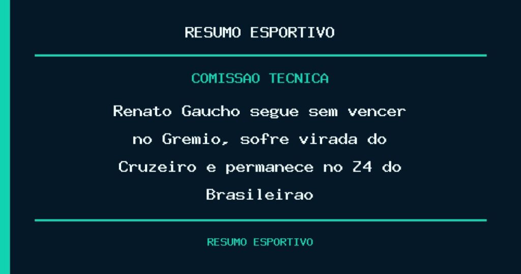 Renato Gaúcho segue sem vencer no Grêmio, sofre virada do Cruzeiro e permanece no Z4 do Brasileirão