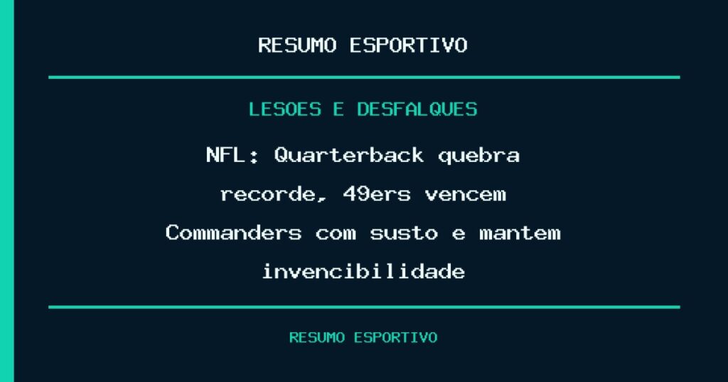 NFL: Quarterback quebra recorde, 49ers vencem Commanders com susto e mantêm invencibilidade
