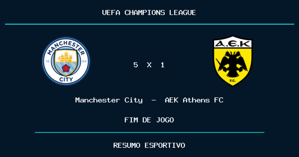 Manchester City vence AEK Athens FC por 5 a 1