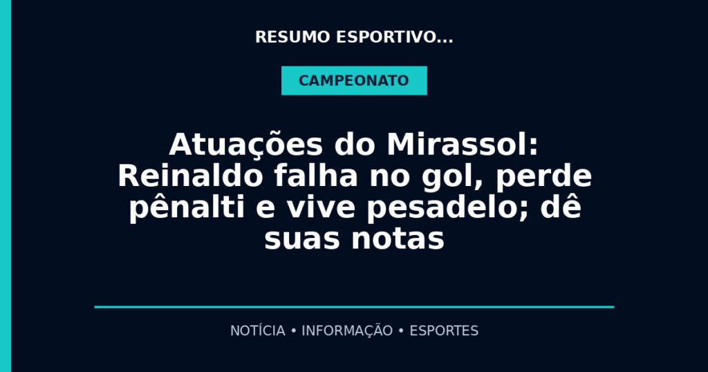 Atuações do Mirassol: Reinaldo falha no gol, perde pênalti e vive pesadelo; dê suas notas